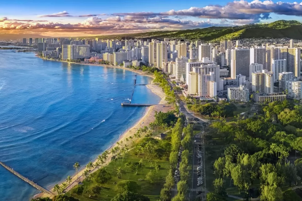Aerial view of Honolulu, Hawaii with oceanfront.
